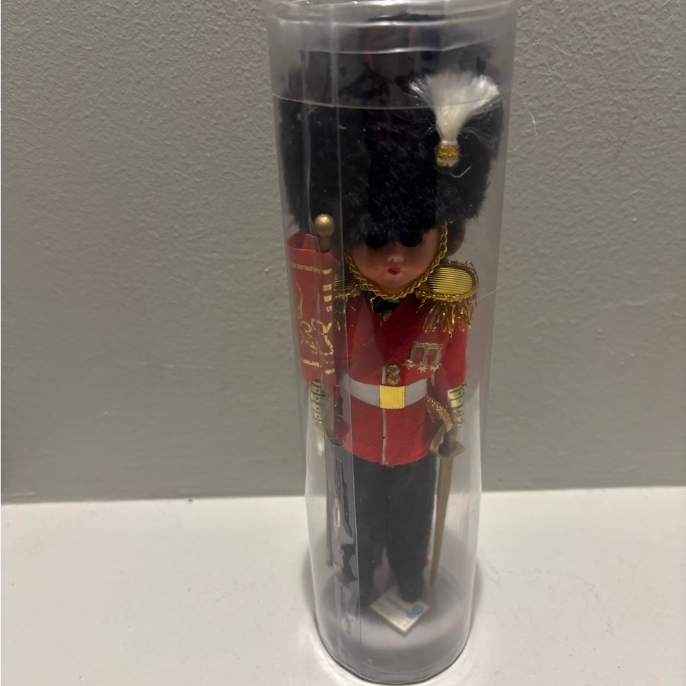 Vintage English Royal Guard Sleep eye souvenir Doll British Uniform sword hat 9”